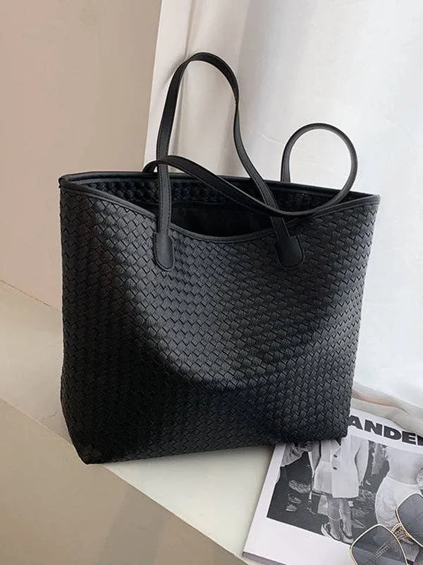Solid Color Split-Joint Woven Bags Handbags Shoulder Bags Tote Bags: BLACK / One_size