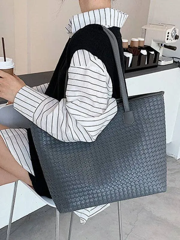 Solid Color Split-Joint Woven Bags Handbags Shoulder Bags Tote Bags: BLACK / One_size