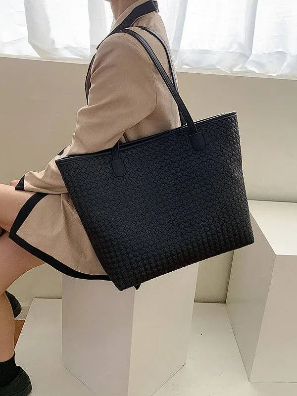 Solid Color Split-Joint Woven Bags Handbags Shoulder Bags Tote Bags: BLACK / One_size