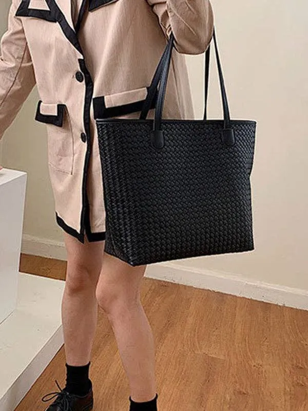 Solid Color Split-Joint Woven Bags Handbags Shoulder Bags Tote Bags: BLACK / One_size