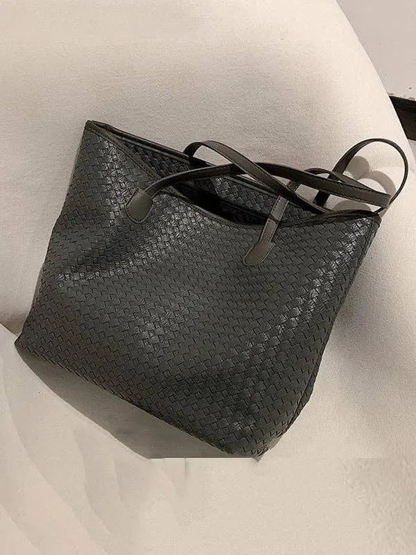 Solid Color Split-Joint Woven Bags Handbags Shoulder Bags Tote Bags: BLACK / One_size