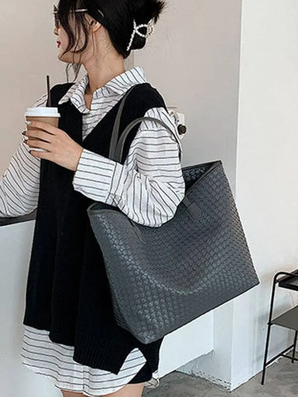 Solid Color Split-Joint Woven Bags Handbags Shoulder Bags Tote Bags: BLACK / One_size