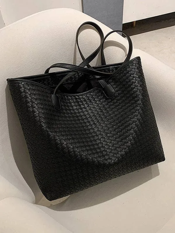 Solid Color Split-Joint Woven Bags Handbags Shoulder Bags Tote Bags: BLACK / One_size