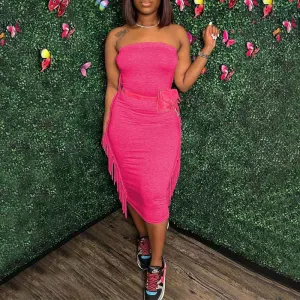 Solid Off Shoulder Tassel Design Midi Dress