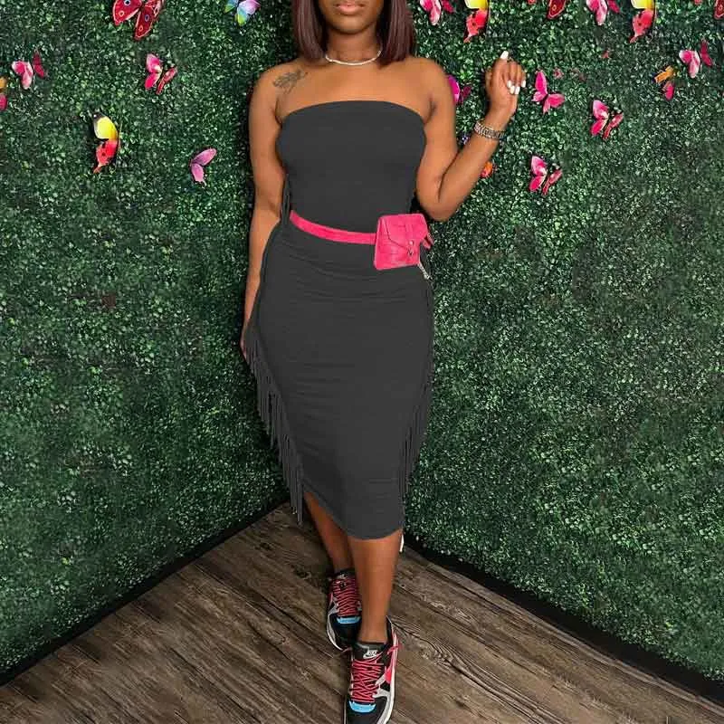 Solid Off Shoulder Tassel Design Midi Dress