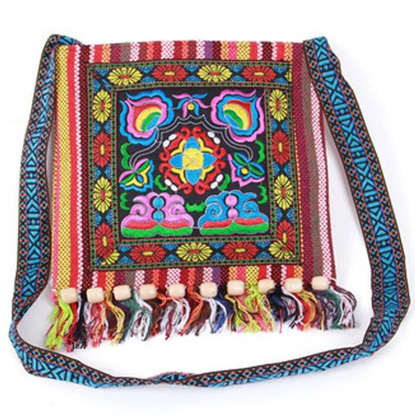 Style Embroidered Striped Cloth Tassel Camellia Crossbody Bags