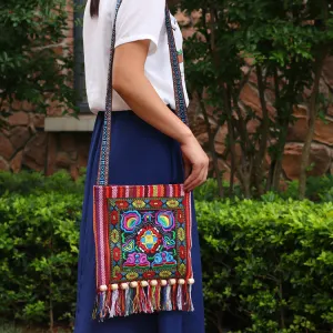 Style Embroidered Striped Cloth Tassel Camellia Crossbody Bags