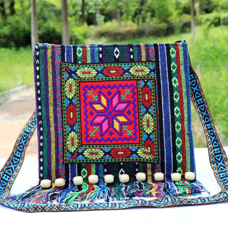 Style Embroidered Striped Cloth Tassel Camellia Crossbody Bags