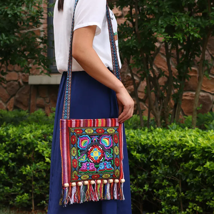 Style Embroidered Striped Cloth Tassel Camellia Crossbody Bags
