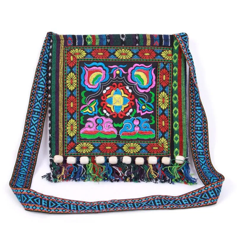 Style Embroidered Striped Cloth Tassel Camellia Crossbody Bags
