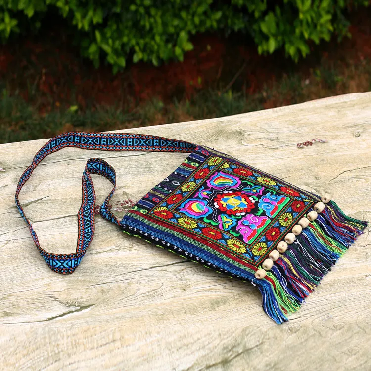 Style Embroidered Striped Cloth Tassel Camellia Crossbody Bags