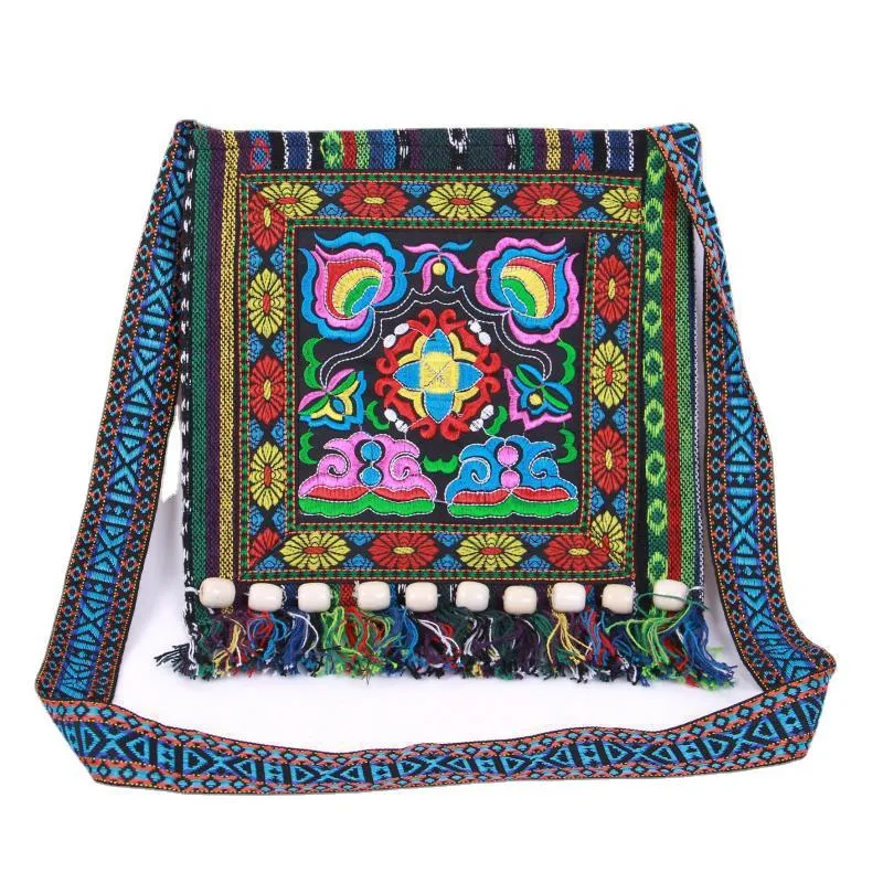 Style Embroidered Striped Cloth Tassel Camellia Crossbody Bags