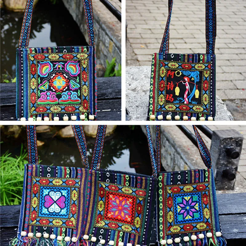 Style Embroidered Striped Cloth Tassel Camellia Crossbody Bags