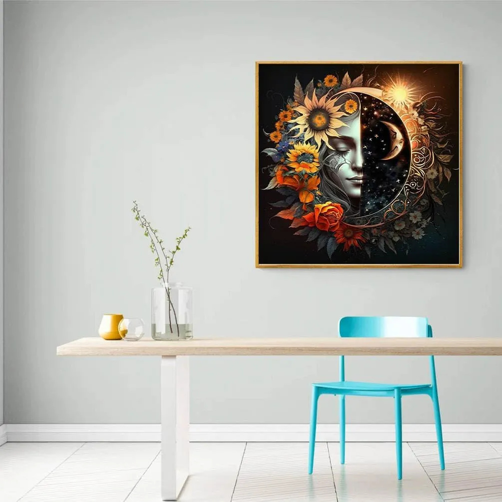 Sun and Moon 5D Custom Painting, AI Created One Of A Kind DIY Diamond Art Photo Diamond Painting Kit, Paint by Numbers for Adults
