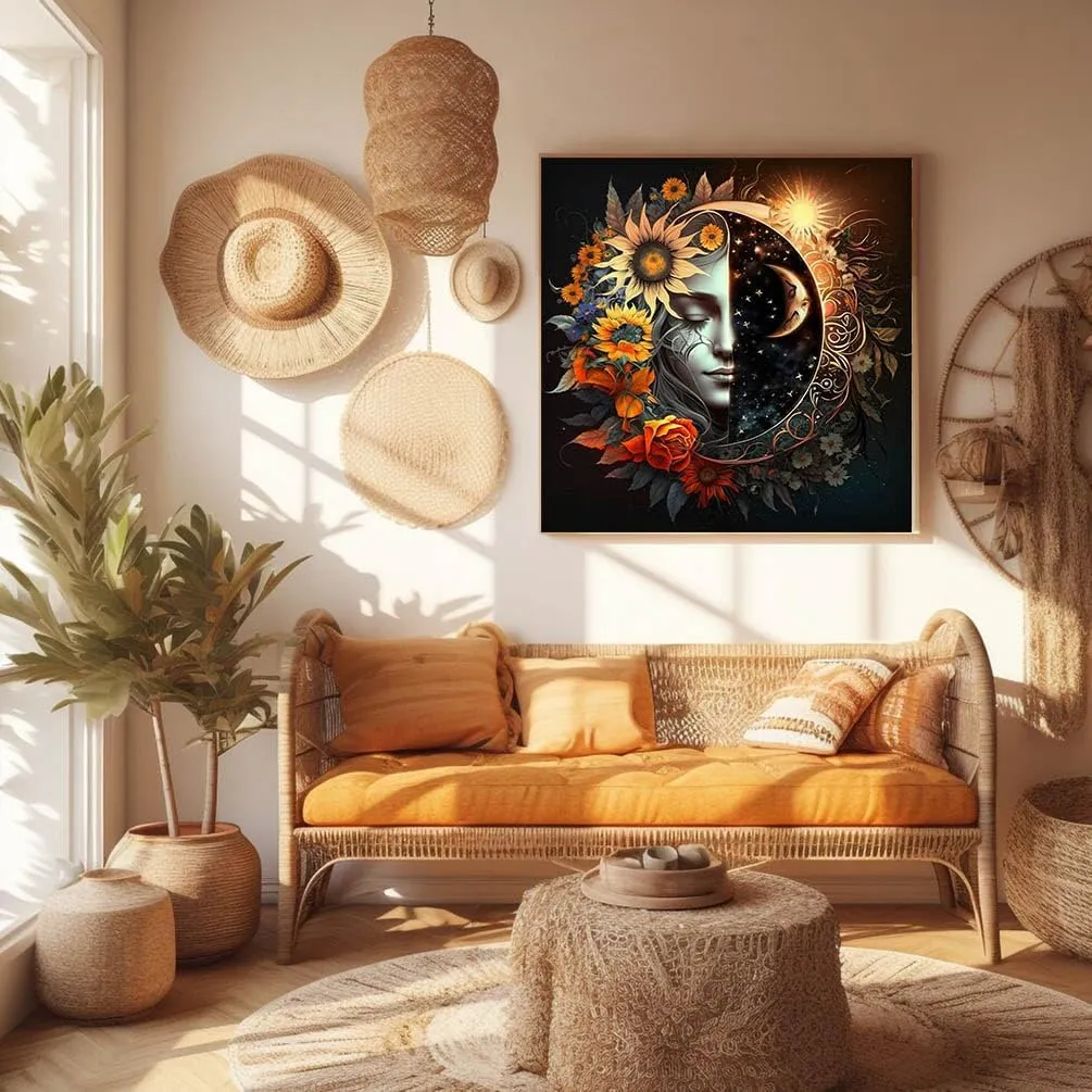 Sun and Moon 5D Custom Painting, AI Created One Of A Kind DIY Diamond Art Photo Diamond Painting Kit, Paint by Numbers for Adults