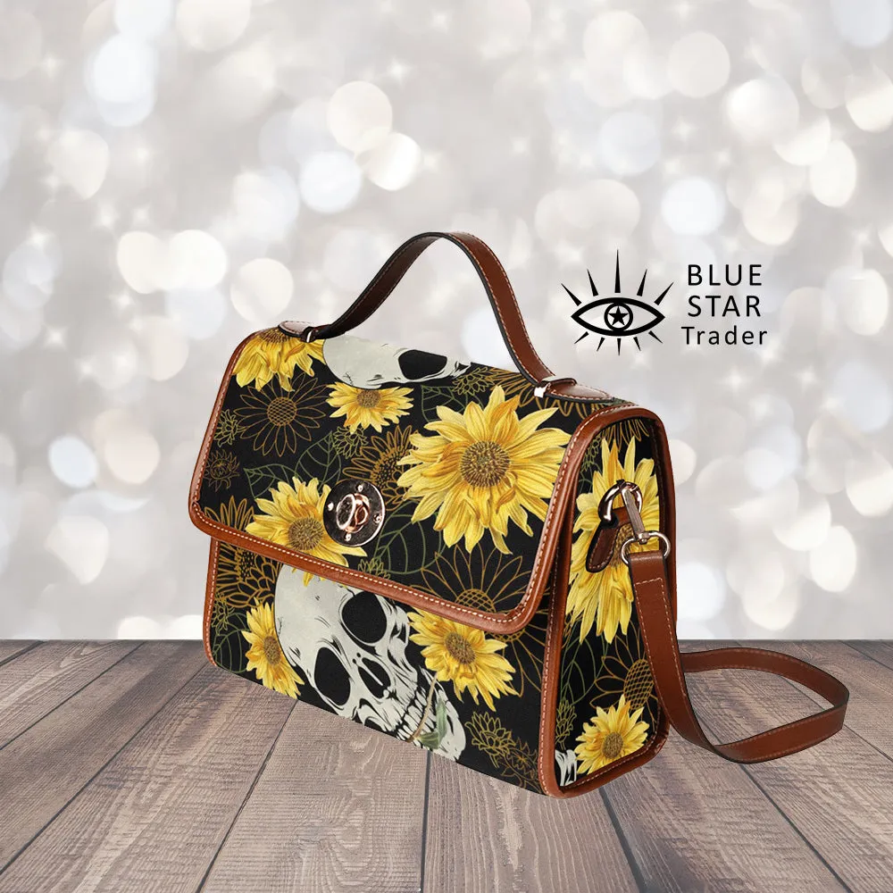 Sunflowers and Skulls Canvas Satchel bag, Cute womens cross body purse