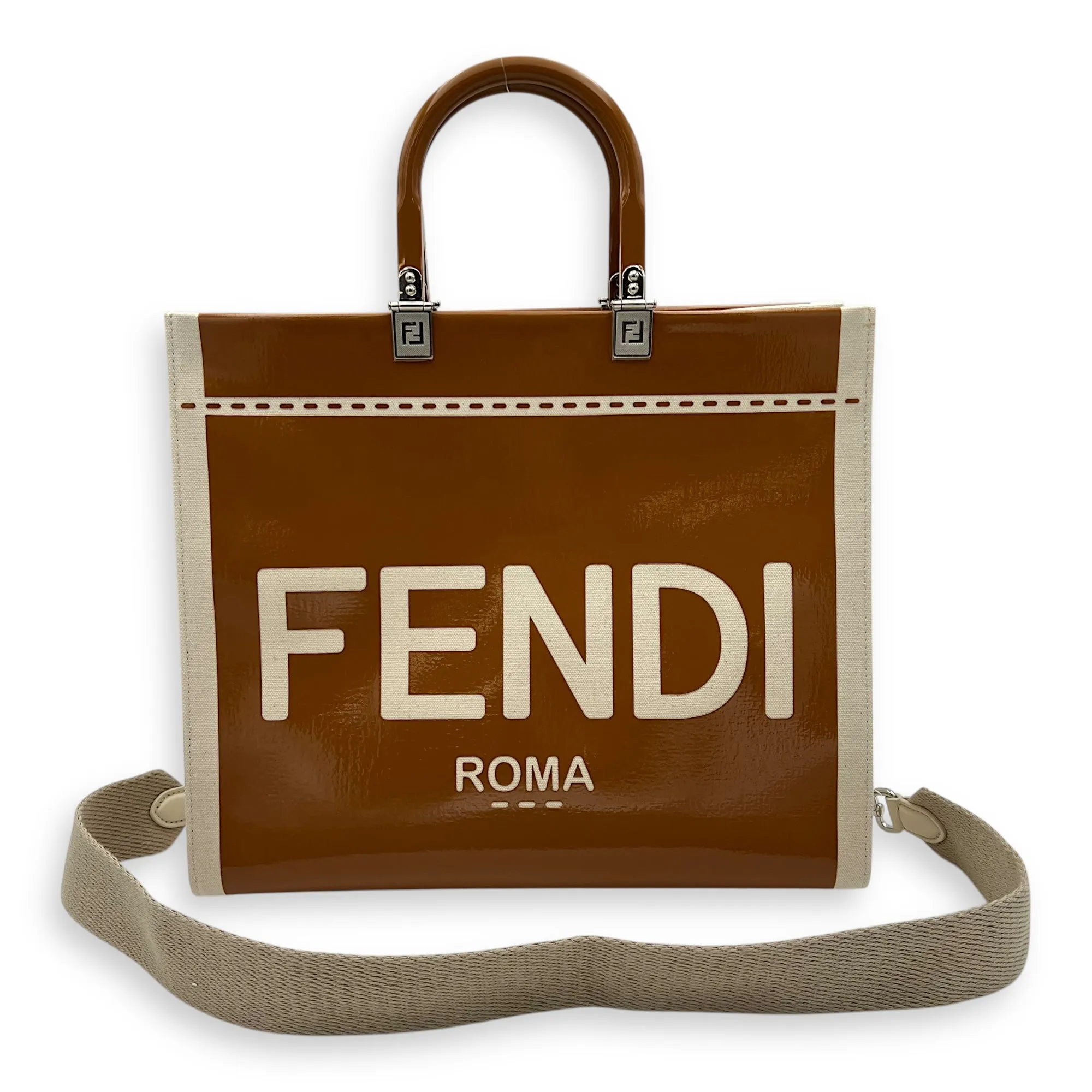 Sunshine Tote Bag Brown in Canvas, Silver hardware