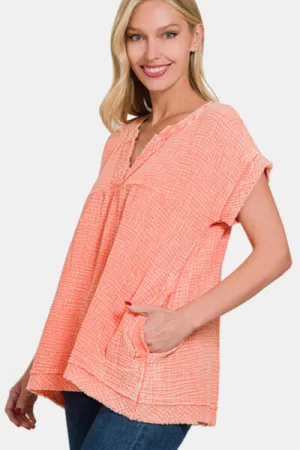 Tilly Washed Raw Hem Short Sleeve Blouse with Pockets