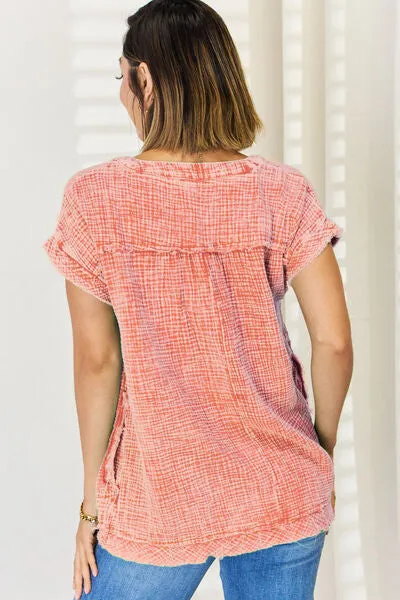 Tilly Washed Raw Hem Short Sleeve Blouse with Pockets