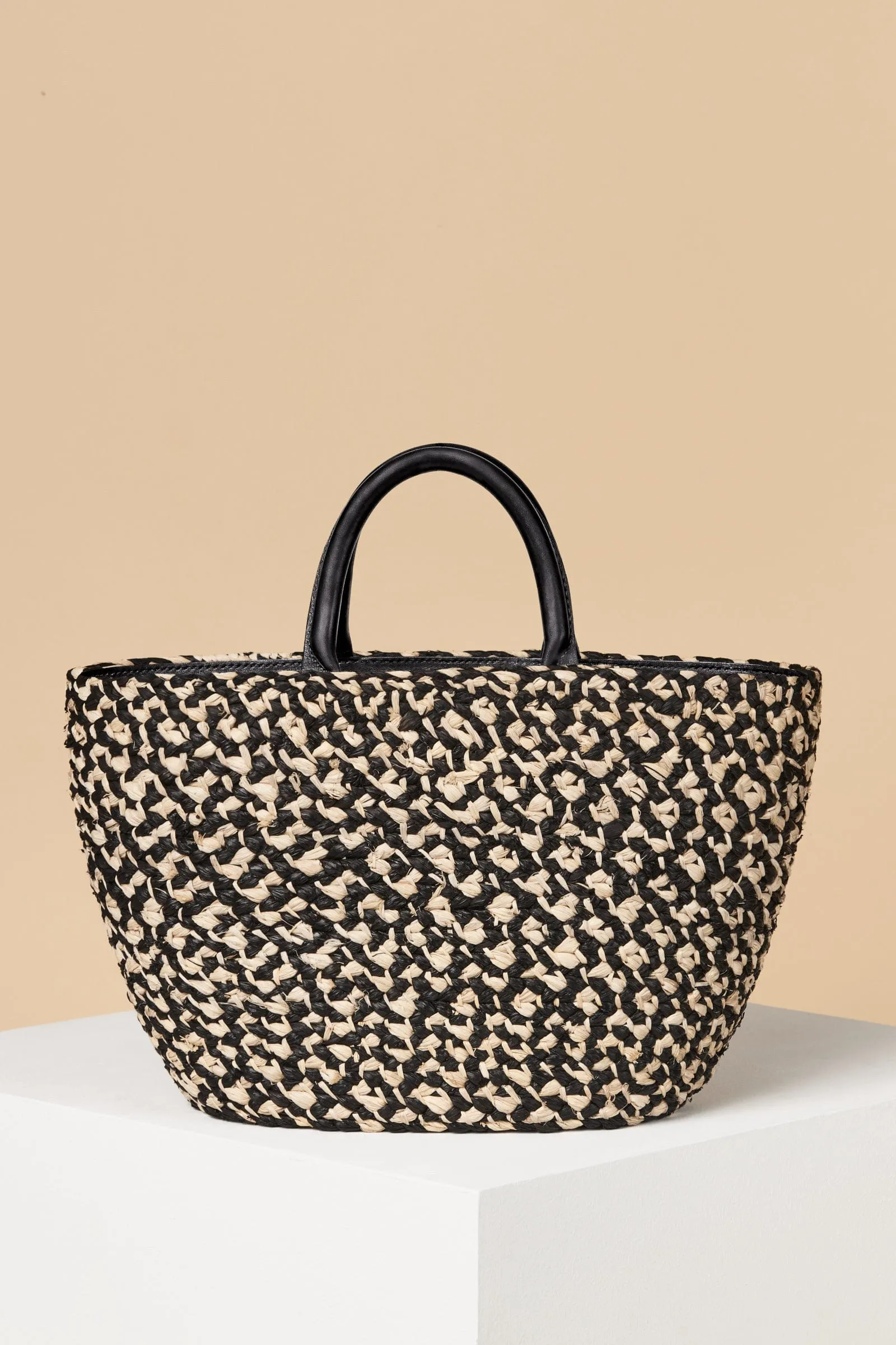 Top Handle Raffia Tote / Black Mélange