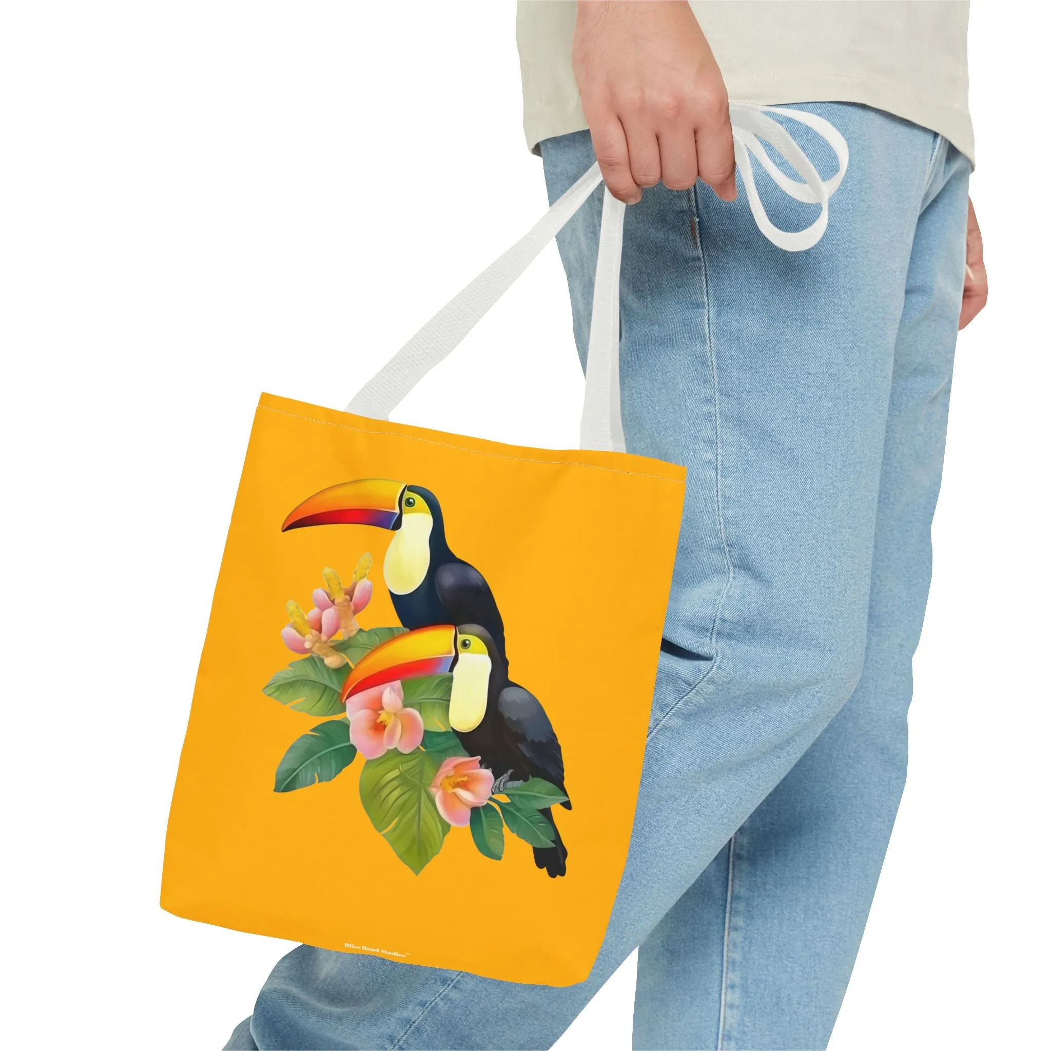Toucan Go Anywhere! Gold Tote Bag - Take the Tropics with You, Anywhere You Go! Available in 3 sizes.