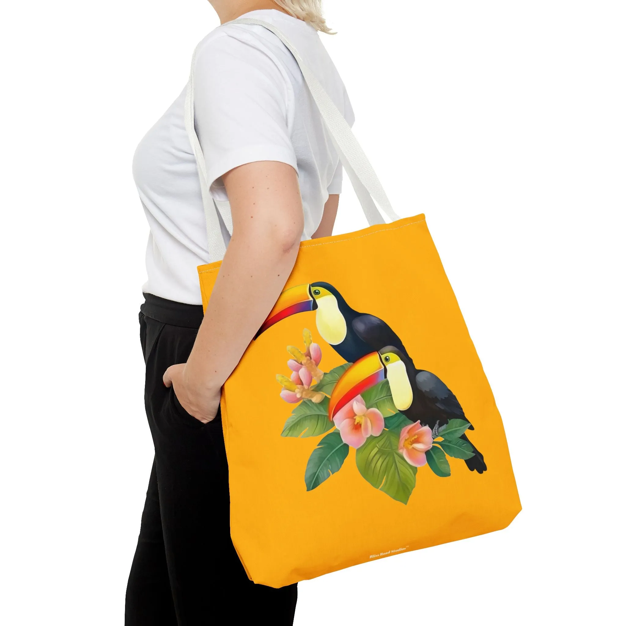 Toucan Go Anywhere! Gold Tote Bag - Take the Tropics with You, Anywhere You Go! Available in 3 sizes.