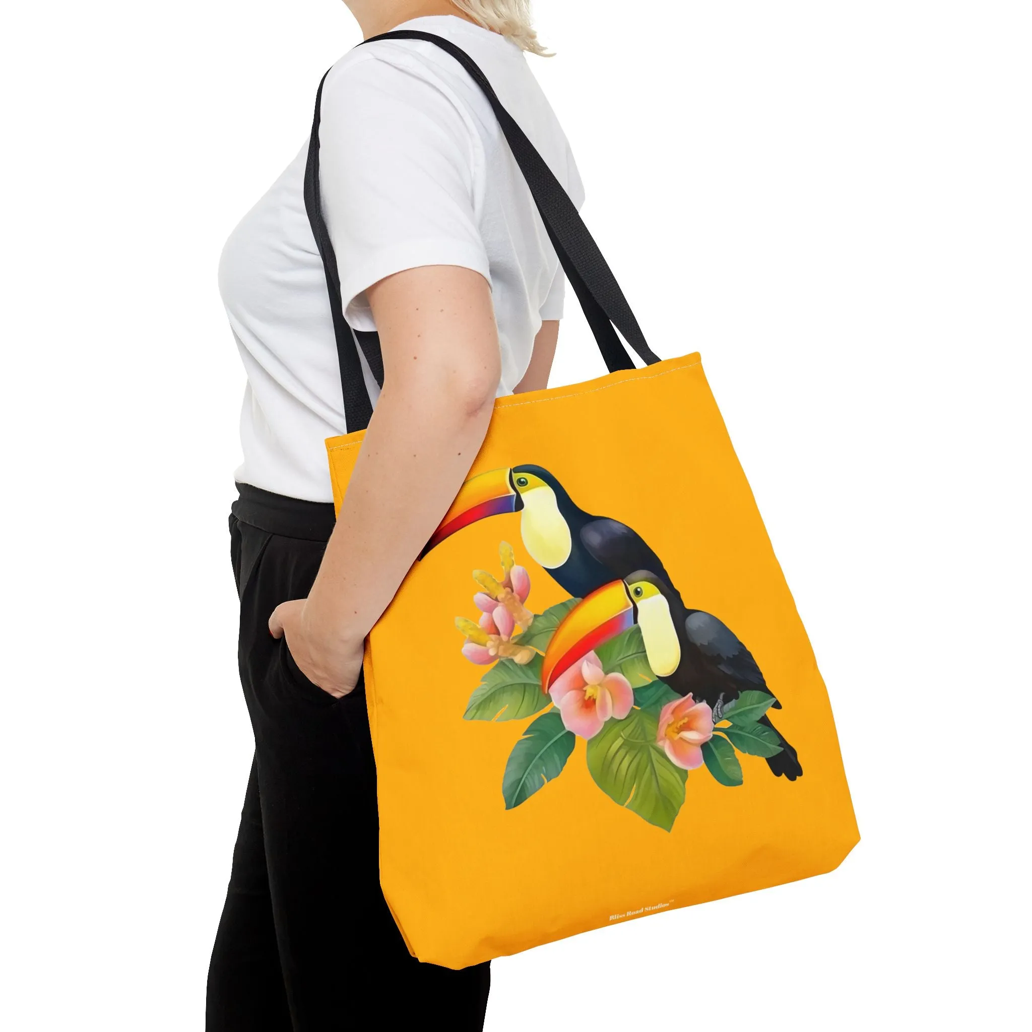 Toucan Go Anywhere! Gold Tote Bag - Take the Tropics with You, Anywhere You Go! Available in 3 sizes.