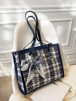 Twilly Scarf Decor Colorblock Shoulder Tote Bag - Multicolor