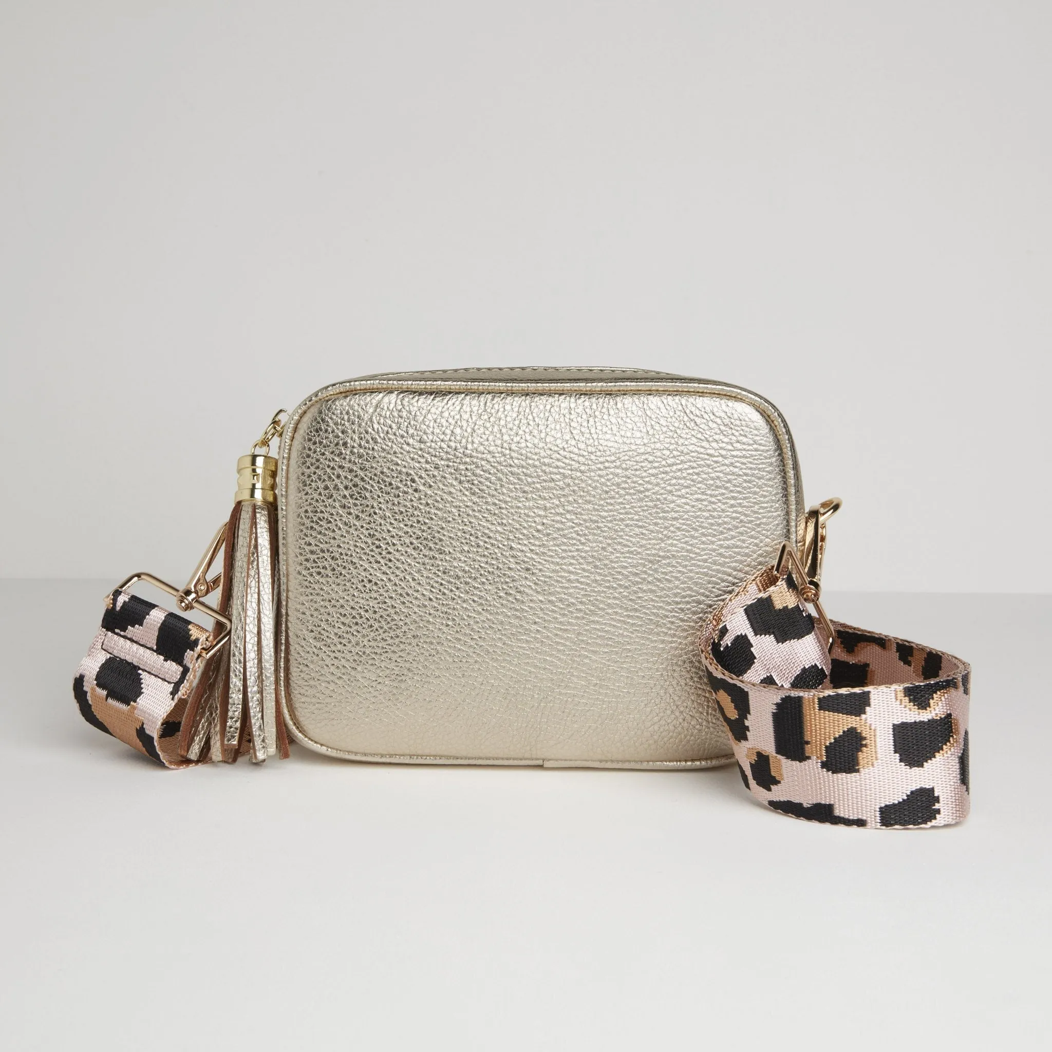 Verona Crossbody Gold Tassel Bag With Light Pink Leopard Strap