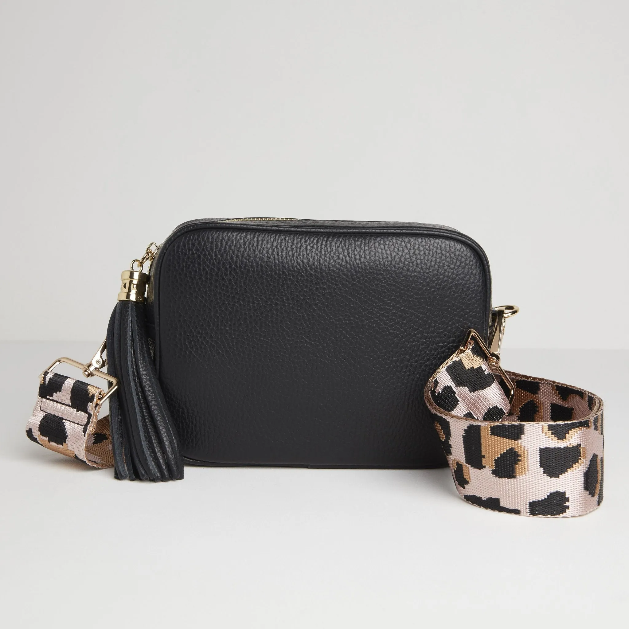 Verona Crossbody Tassel Black Bag with Light Pink Leopard Strap