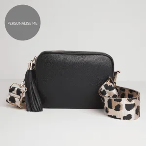 Verona Crossbody Tassel Black Bag with Light Pink Leopard Strap