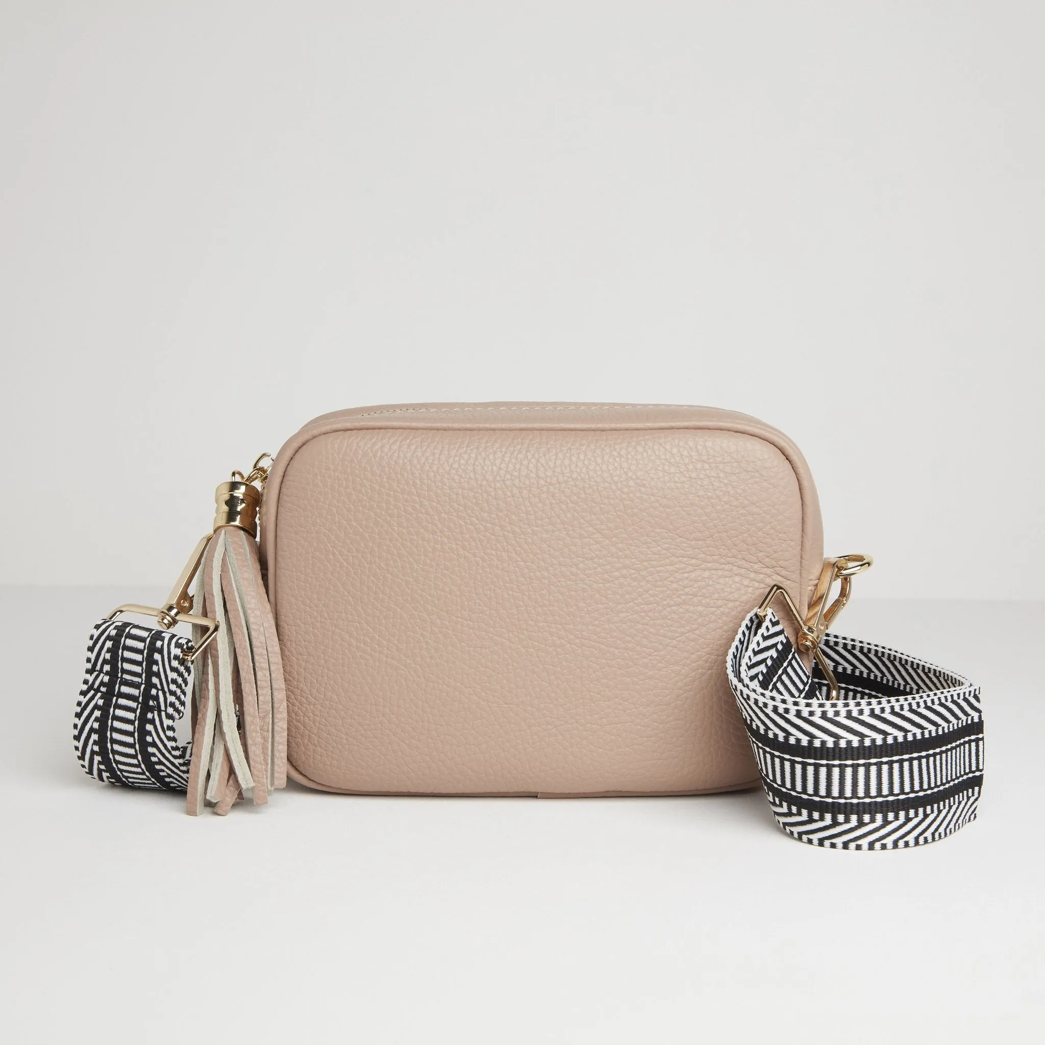 Verona Crossbody Tassel Blush Bag with Black and White Chevron Strap