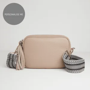 Verona Crossbody Tassel Blush Bag with Black and White Chevron Strap