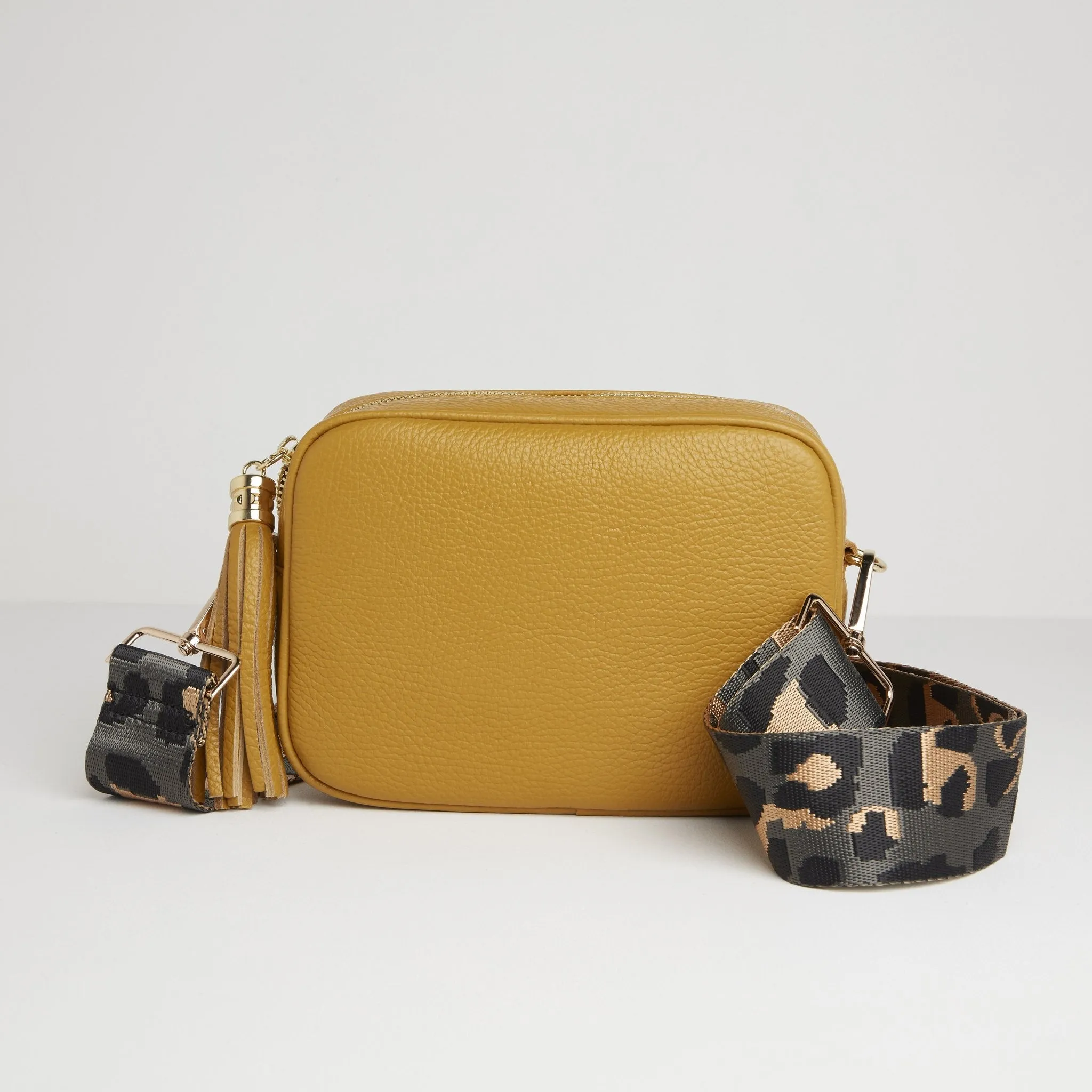 Verona Crossbody Tassel Mustard Bag with Dark Leopard Strap