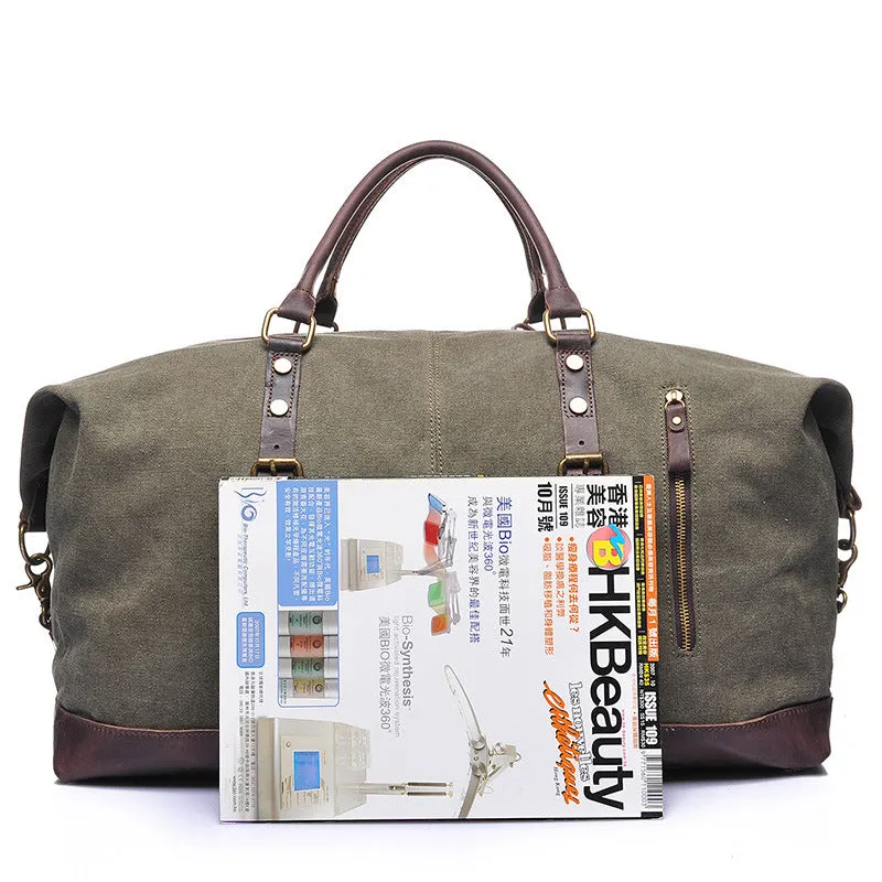 Vintage Canvas Leather Shoulder Bag Canvas Duffle Bag Crossbody Travel Bag