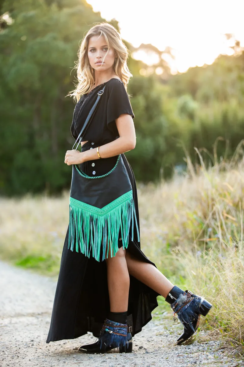 Western Leather Bags with Tassels - Green and Black