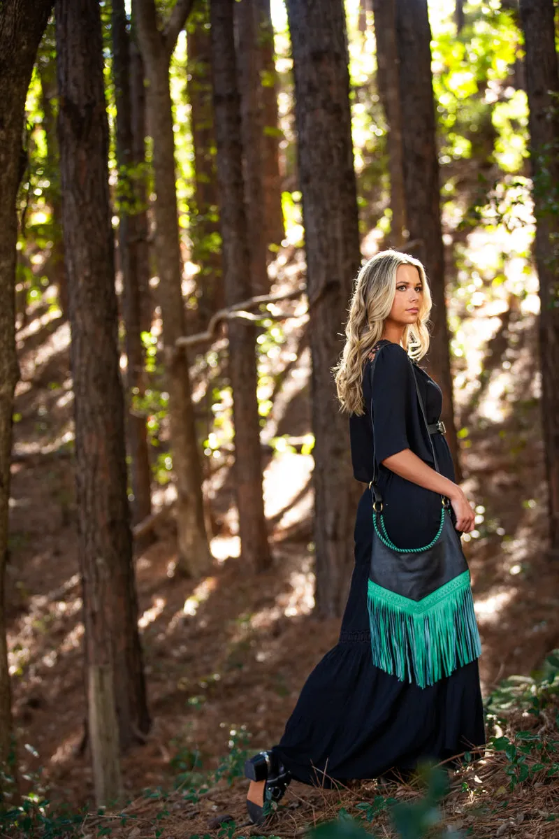 Western Leather Bags with Tassels - Green and Black