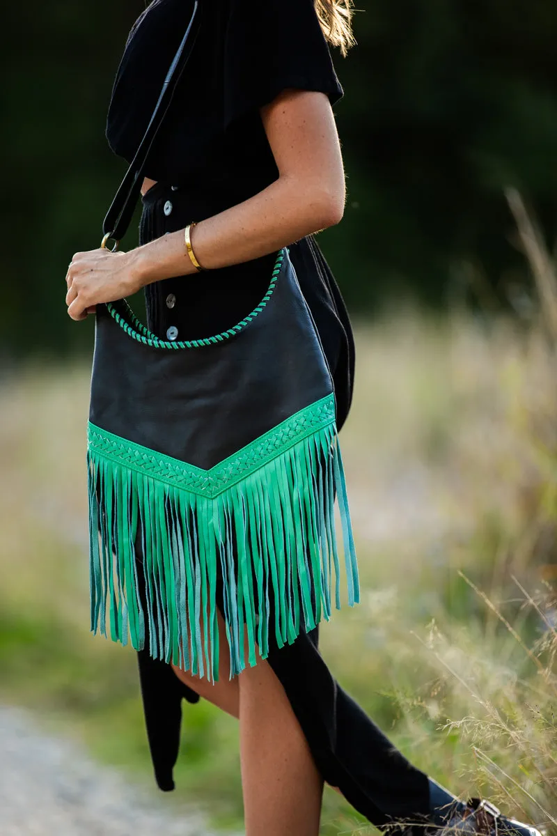 Western Leather Bags with Tassels - Green and Black