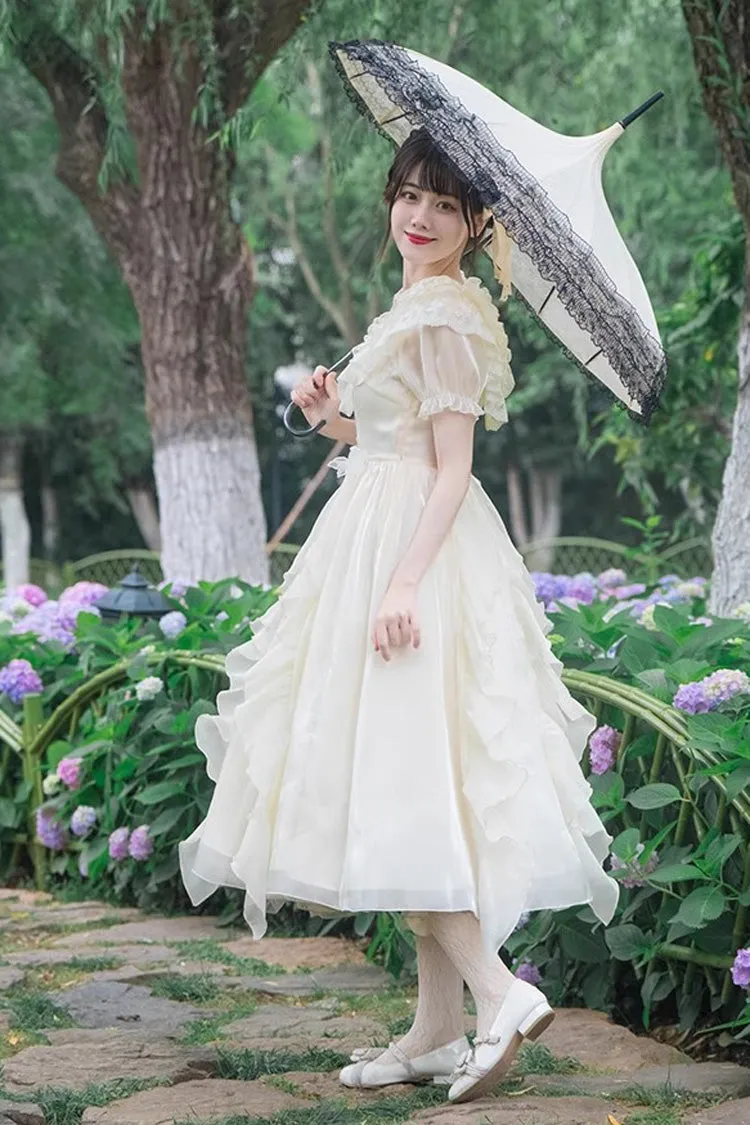White V-Neck Lace Cla Daily Short Puff Sleeves Sweet Lolita Dress