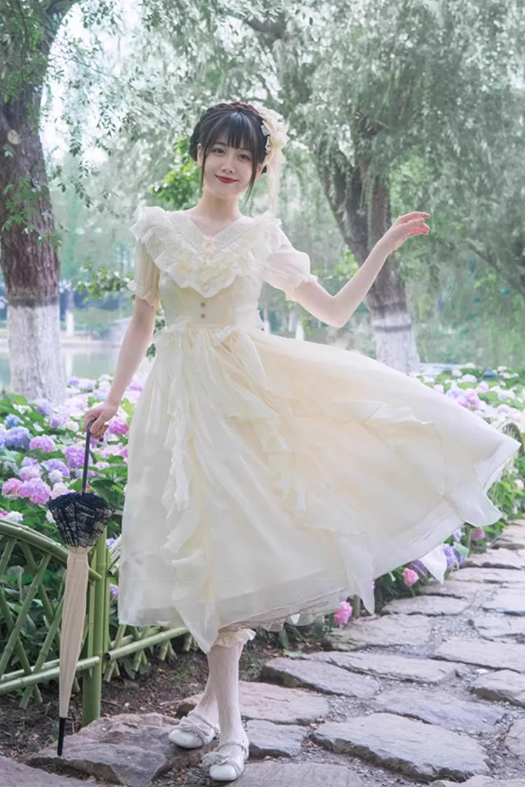 White V-Neck Lace Cla Daily Short Puff Sleeves Sweet Lolita Dress