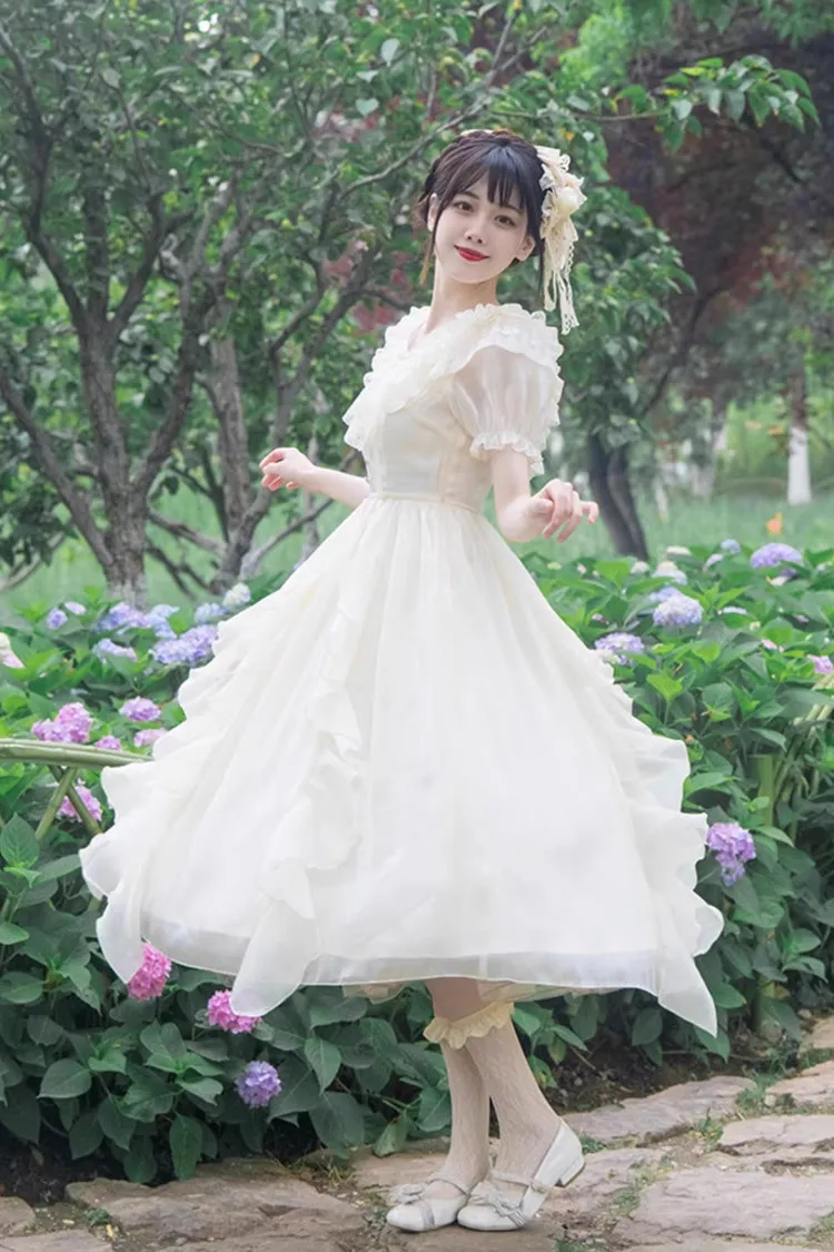 White V-Neck Lace Cla Daily Short Puff Sleeves Sweet Lolita Dress