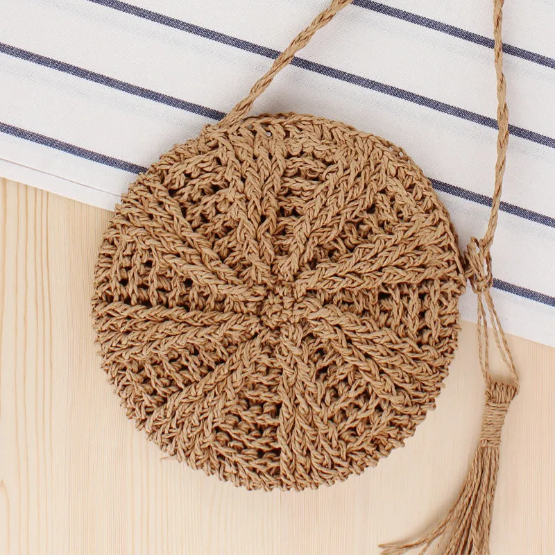 Women's Simple Round Tassel Straw Handmade Woven Shoulder Bags