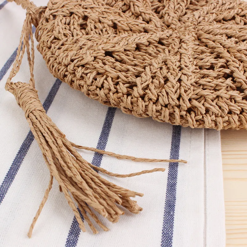 Women's Simple Round Tassel Straw Handmade Woven Shoulder Bags