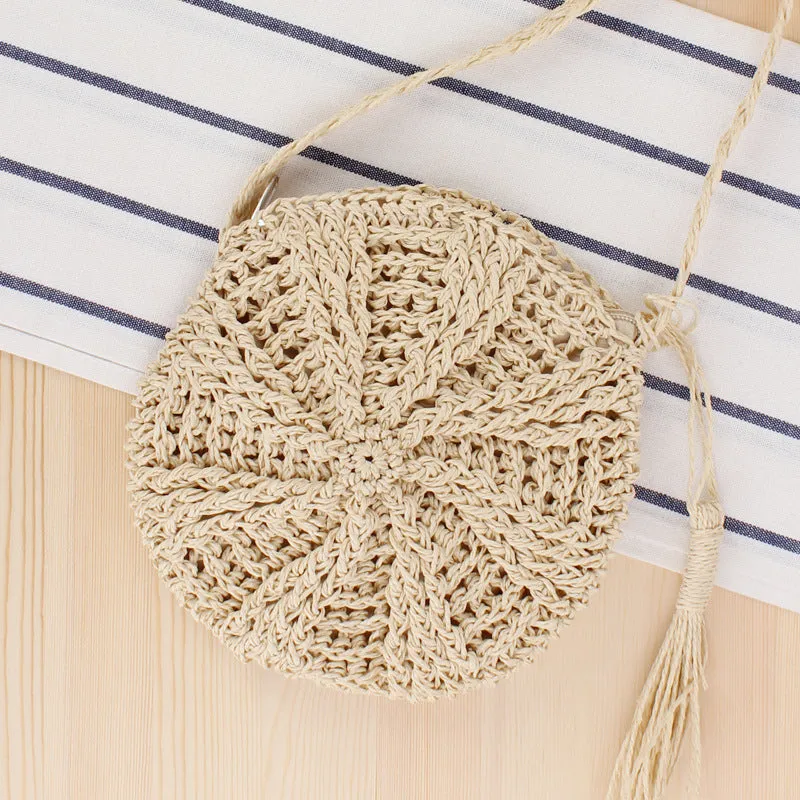 Women's Simple Round Tassel Straw Handmade Woven Shoulder Bags