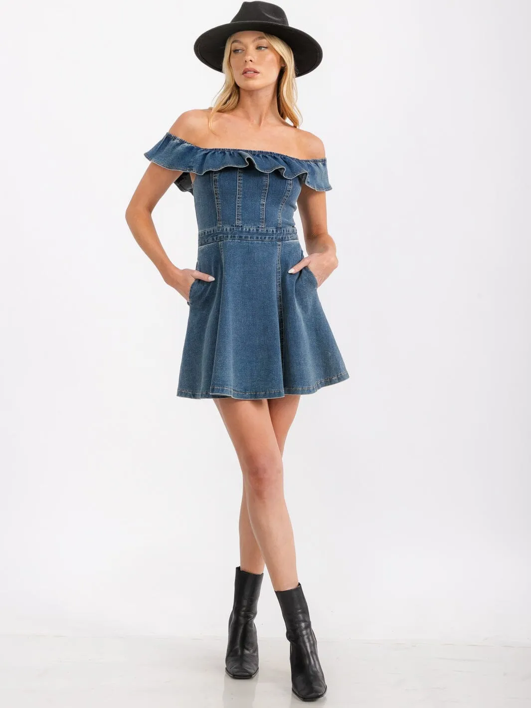 WOMEN'S SLEEVELESS OFF SHOULDER RUFFLE POCKETS DENIM MINI DRESS