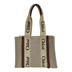 Woody Medium Brown Tote Bag in Canvas, Silver hardware