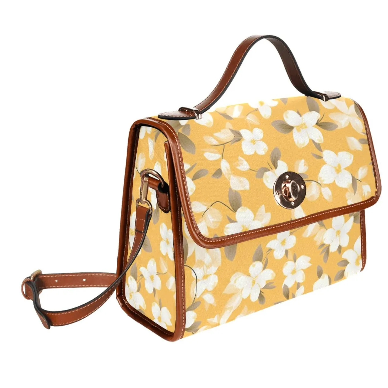 Yellow Floral Canvas Satchel Bag Purse, Cross Body Bag