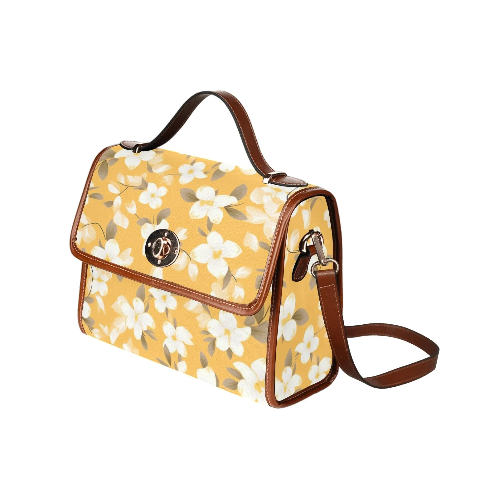 Yellow Floral Canvas Satchel Bag Purse, Cross Body Bag