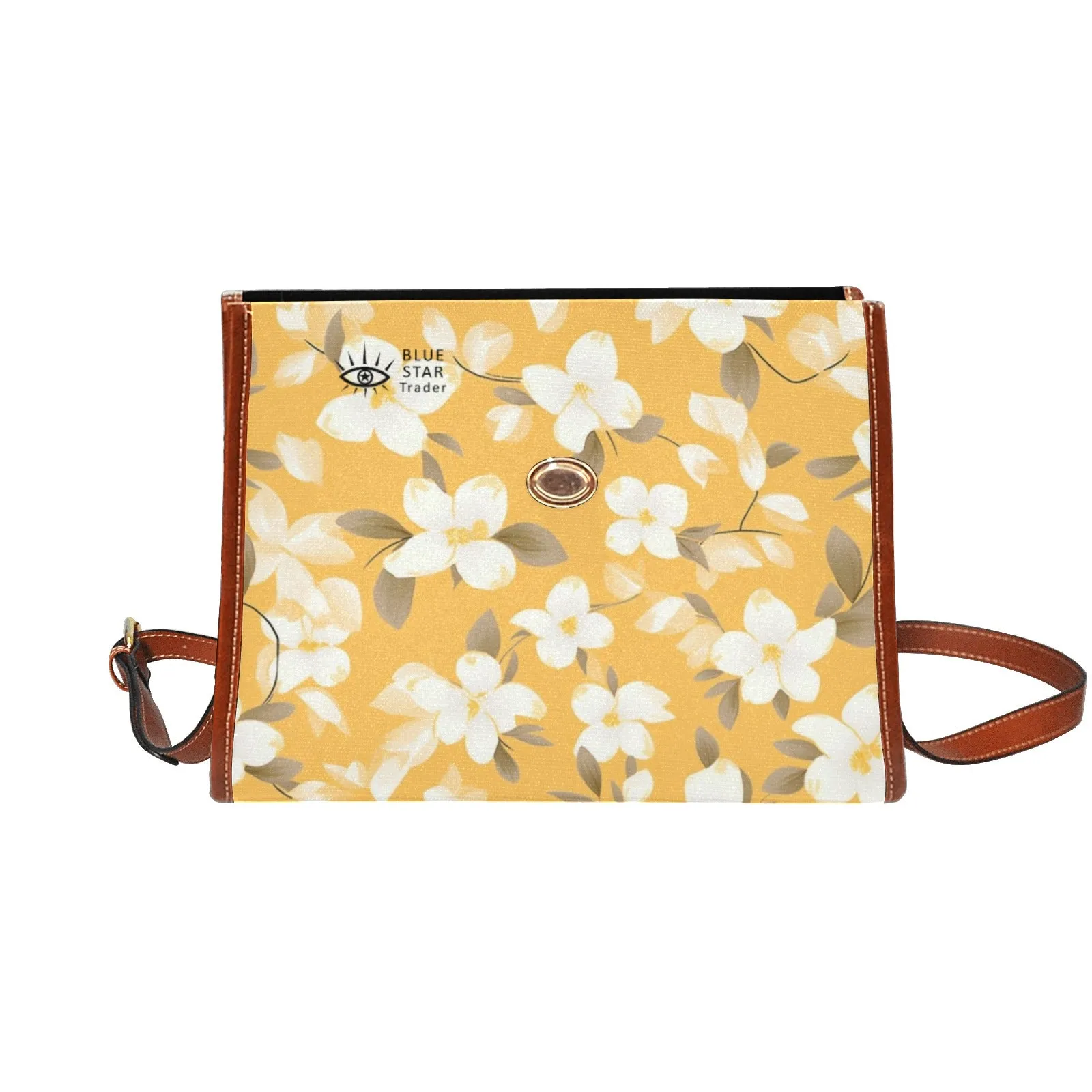 Yellow Floral Canvas Satchel Bag Purse, Cross Body Bag