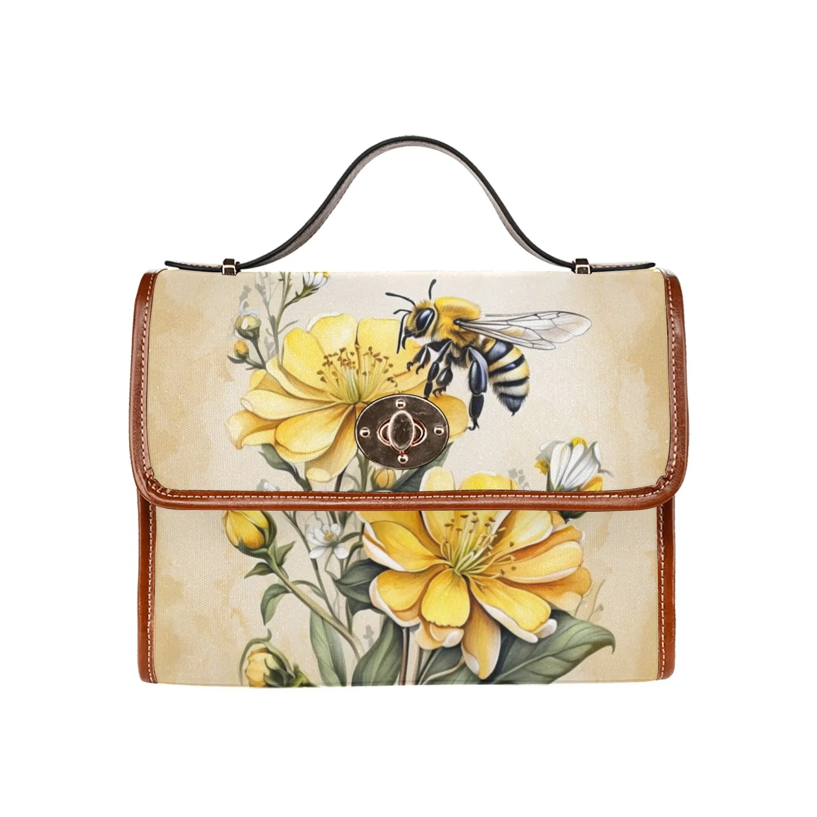 Yellow Flowers and Honey Bee Canvas Satchel Bag Purse Handbag, Cross Body Bag